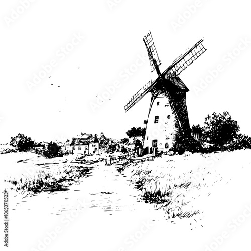 A black and white drawing of a windmill in a rural setting with houses and a path leading to it nearby