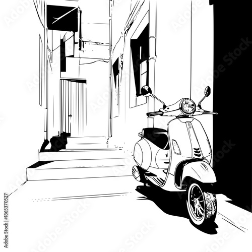 A vintage scooter parked in a narrow alleyway with stark black and white contrast and architectural details