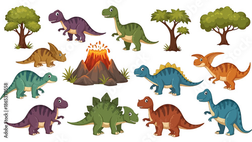Colorful cartoon dinosaurs and volcano landscape illustration