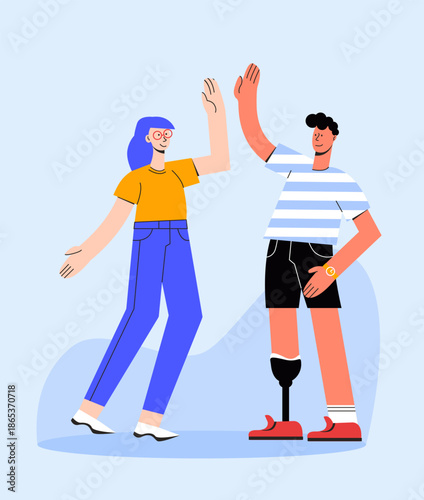 Vector illustration of family members, friends, or partner providing emotional and physical support to a person with a limb amputation. Concept of rehabilitation, inclusion, social support