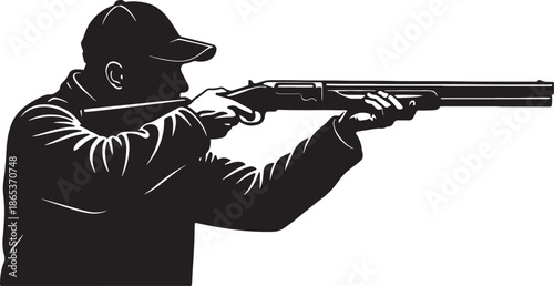 Black silhouette of a person aiming a long rifle with both hands while wearing a cap on a transparent background also transparent background