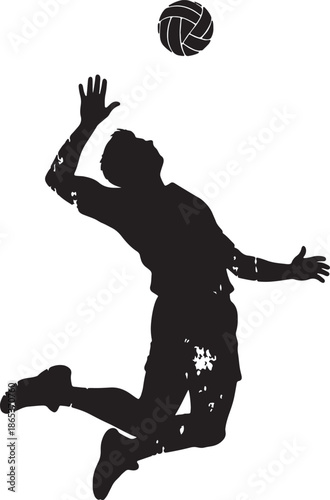 Black silhouette of a person jumping to catch a volleyball in mid-air also transparent background white