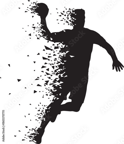 Black silhouette of a person with triangular fragments dispersing from their body also transparent background