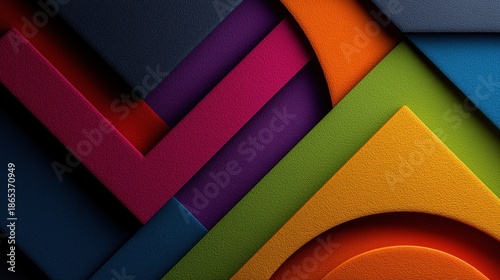 多彩な幾何学的形状が重なり合う立体的な抽象背景