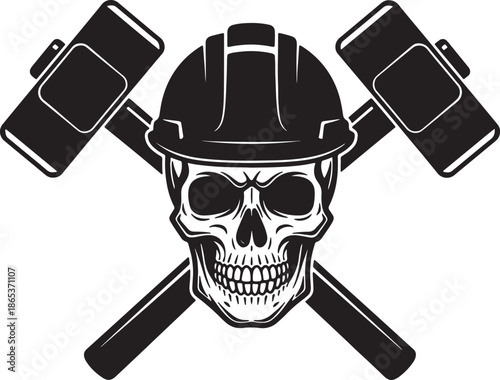 Skull with Construction Helmet Surrounded by Hammers and Wrenches also transparent background crossed tools
