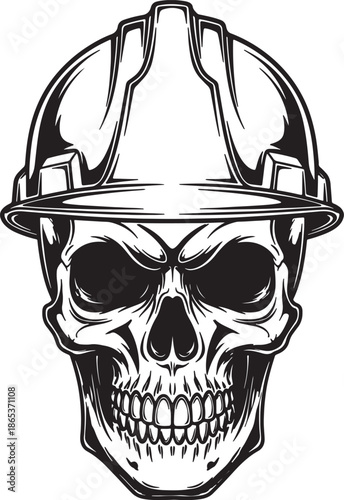 Skull with Construction Helmet in Black and White Line also transparent background hard hat safety gear