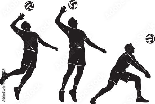 Three black silhouette volleyball players jumping to hit volleyballs in mid air with transparent background also transparent background