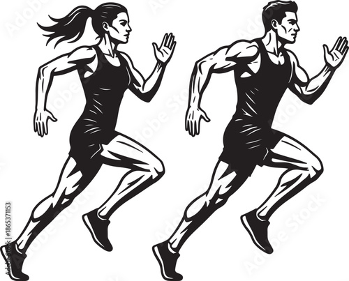 Two people running in athletic attire with dynamic poses and detailed muscle definition also transparent background