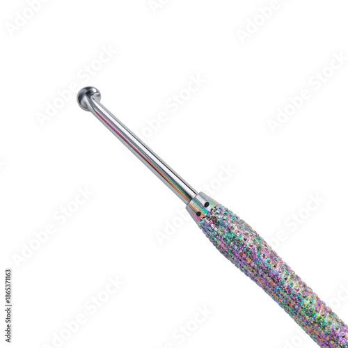 Crochet Hook With Wooden Handle and Metallic Tip Lying on a White Background