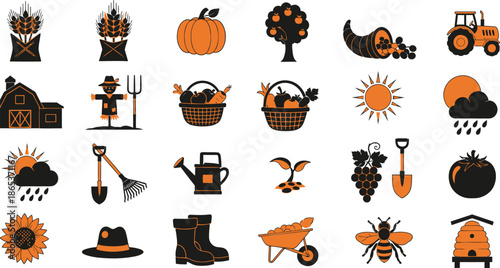 Harvest Icons. Harvest and benefits. Solid icon set of Harvest and benefits: healthy soil, crop yield, plant growth, nitrogen cycle, roots, eco badge, farm 