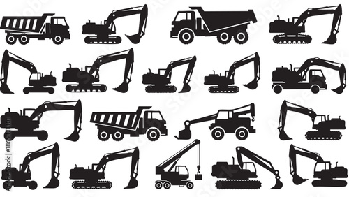Collection of various construction vehicles and heavy machinery illustrations