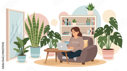 Cozy work from home interior with young woman in armchair working on laptop, lush indoor plants, bookshelf, window view and modern furniture, flat vector illustration for remote lifestyle concept.
