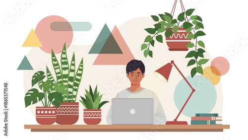 Work from home concept with young man working on laptop at cozy desk surrounded by houseplants, desk lamp and books, modern flat vector illustration for remote office lifestyle.
