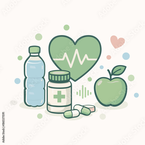 Health and wellness items with water, supplements, fruit, and heart symbol in a light background