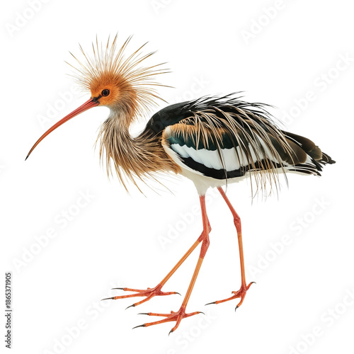 Bird Standing on Long Legs With Colorful Feathers in Front of a Plain Background