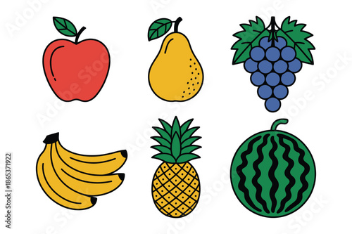 Healthy Whole Fruit Illustration Collection with Pineapple Grapes