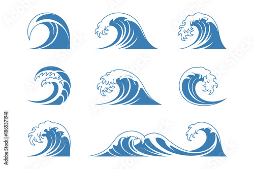 Blue Ocean Wave Illustration Set with Various Crest Shapes