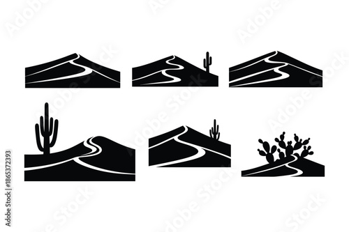 Desert landscape silhouettes with sand dunes and cactus plants