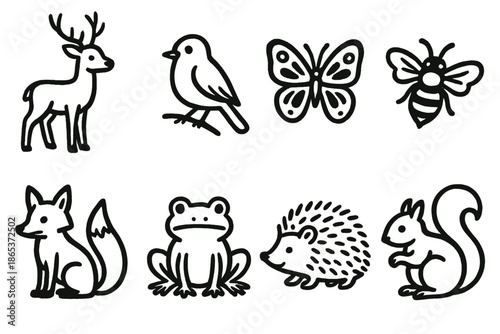 Forest animals silhouette icon set. featuring deer, bird, butterfly, bee, fox, frog, hedgehog, squirrel