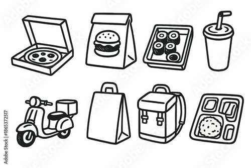 Food delivery linear icon set. featuring pizza box, burger bag, sushi, drink, scooter, backpack, meal tray