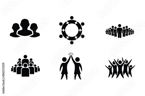 Business team and community group silhouette icons set