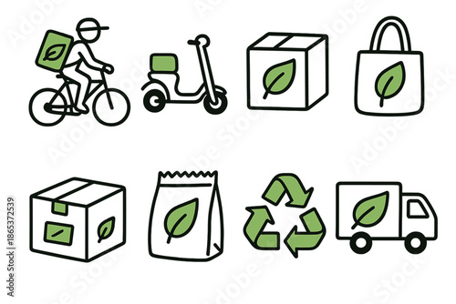 Eco-friendly delivery silhouette icon set. featuring cyclist, scooter, box, bag, recycle, and truck icons