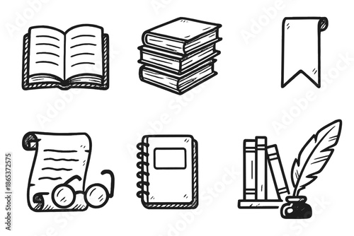 Library and reading chalk icon set. featuring book, stack, bookmark, scroll, glasses, notebook, shelf, quill