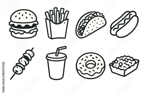 Fast food linear icons set. featuring burger, fries, taco, hotdog, skewer, soda, donut, and nachos