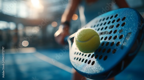 Professional padel tennis action moment with player hitting ball on blue court, dynamic sports scene with motion and sunlight flare