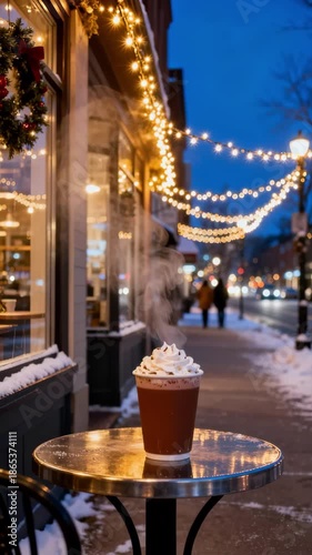 Vertical video of a steaming cup of hot chocolate on a table. Cozy winter evening on a snowy city street with Christmas lights. Festive holiday atmosphere