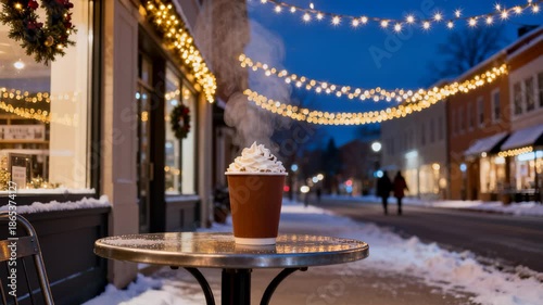 Steaming hot chocolate with whipped cream on a table in a snowy winter street. Takeaway coffee cup with festive bokeh lights and city background. Cozy holiday season concept