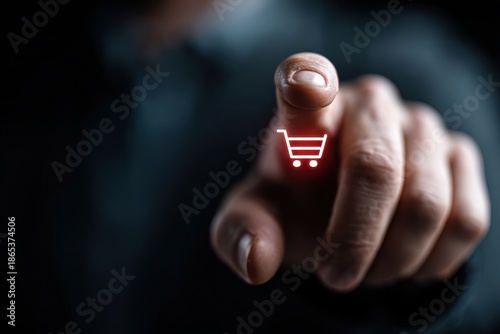 Hand touches glowing red shopping cart icon on a digital warning screen