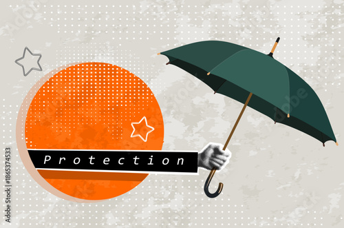 Trendy Halftone Collage with hand holding protective umbrella. Protection from external threats. Stability and confidence in conditions of uncertainty. Contemporary art collage. Vector 