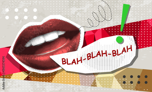 Trendy Halftone Collage with talking mouth with text - blah blah and message bubble. Concept of gossip, secret and communication.