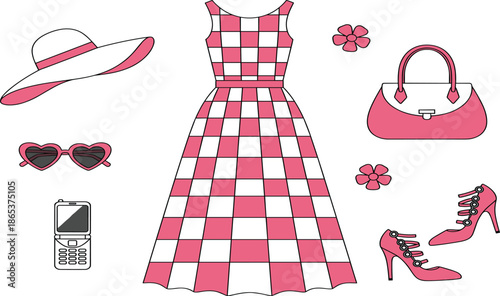 Vector illustration set of pink and white fashion items including a checkered dress wide brim hat handbag high heels and heart sunglasses.