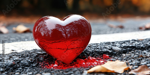 Red Glossy Heart on Wet Dark Surface
