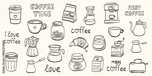 Vintage coffee set illustration with latte cups, kettle, beans, and brunch elements. Designed for cafe menus, bakery branding, and retro kitchen-themed graphics