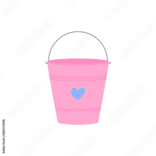 Pink bucket with a blue heart, vector illustration. Cute minimal spring element for gardening, kids activities, or summer-themed designs