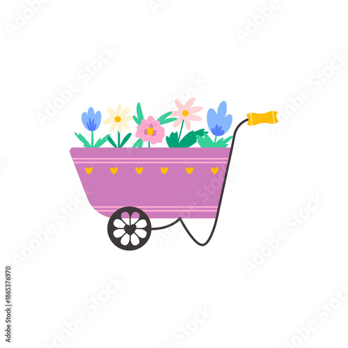 Garden cart with colorful spring flowers, vector illustration. Bright and cheerful design symbolizing gardening, growth, and seasonal joy