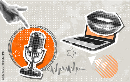 Cover for podcast. Laptop illustrations, speaking mouth with collage microphone, drawn elements in halftone background. Vector Collage in trendy retro style with flat illustration. Paper cut-out
