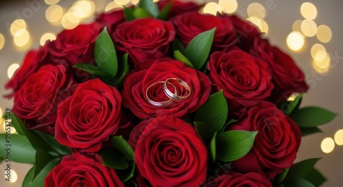 Romantic red roses bouquet with wedding rings symbolizing love and commitment