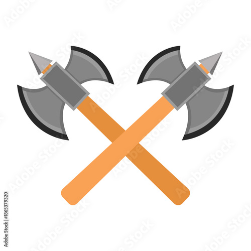 Crossed Medieval Battle Axe Illustration, Ancient Double Bladed War Hatchet Vector, Warrior Weaponry Icon, Metallic Steel Executioner Tool with Wooden Handle for Gaming and History