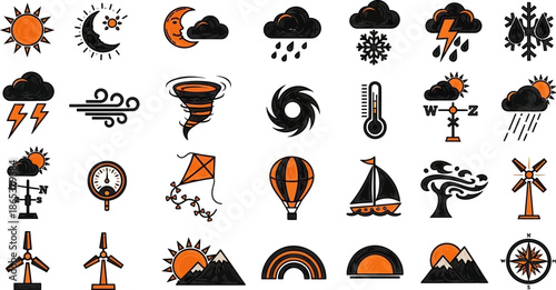 Collection of minimalist wind and weather icons in black line art