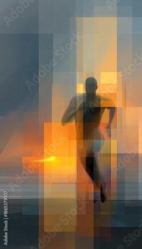 Dynamic Abstract Running Figure Against Sunset Background