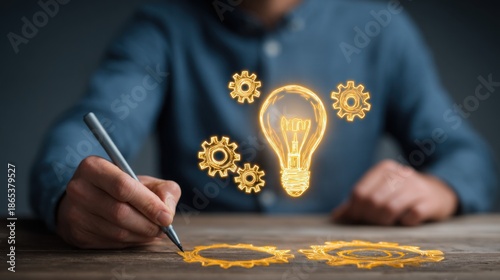 Man Drawing Light Bulb with Sprockets Vision Idea Innovation Concept