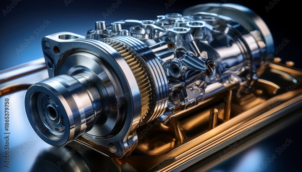 Fototapeta premium close up view of metallic engine component with intricate details and sleek design showcasing its mechanical complexity and precision engineering lighting highlights metallic texture