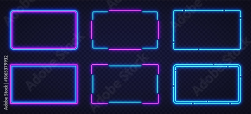 Collection of neon blue and pink glowing frames on a transparent background. Futuristic cyber-style design perfect for banners, interfaces, and tech visuals.