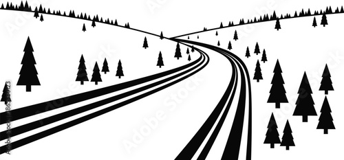 Dynamic Monochrome Illustration of a Winding Path Through a Serene Forest Landscape with Coniferous Trees
