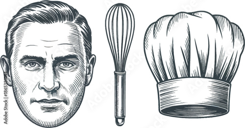 Vintage engraved cooking set vector illustration featuring male portrait, kitchen whisk and chef hat, isolated on transparent background for restaurant branding, menus and food marketing