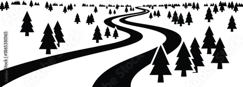 Scenic winding road gracefully meanders through a dense, stylized pine forest under an expansive sky